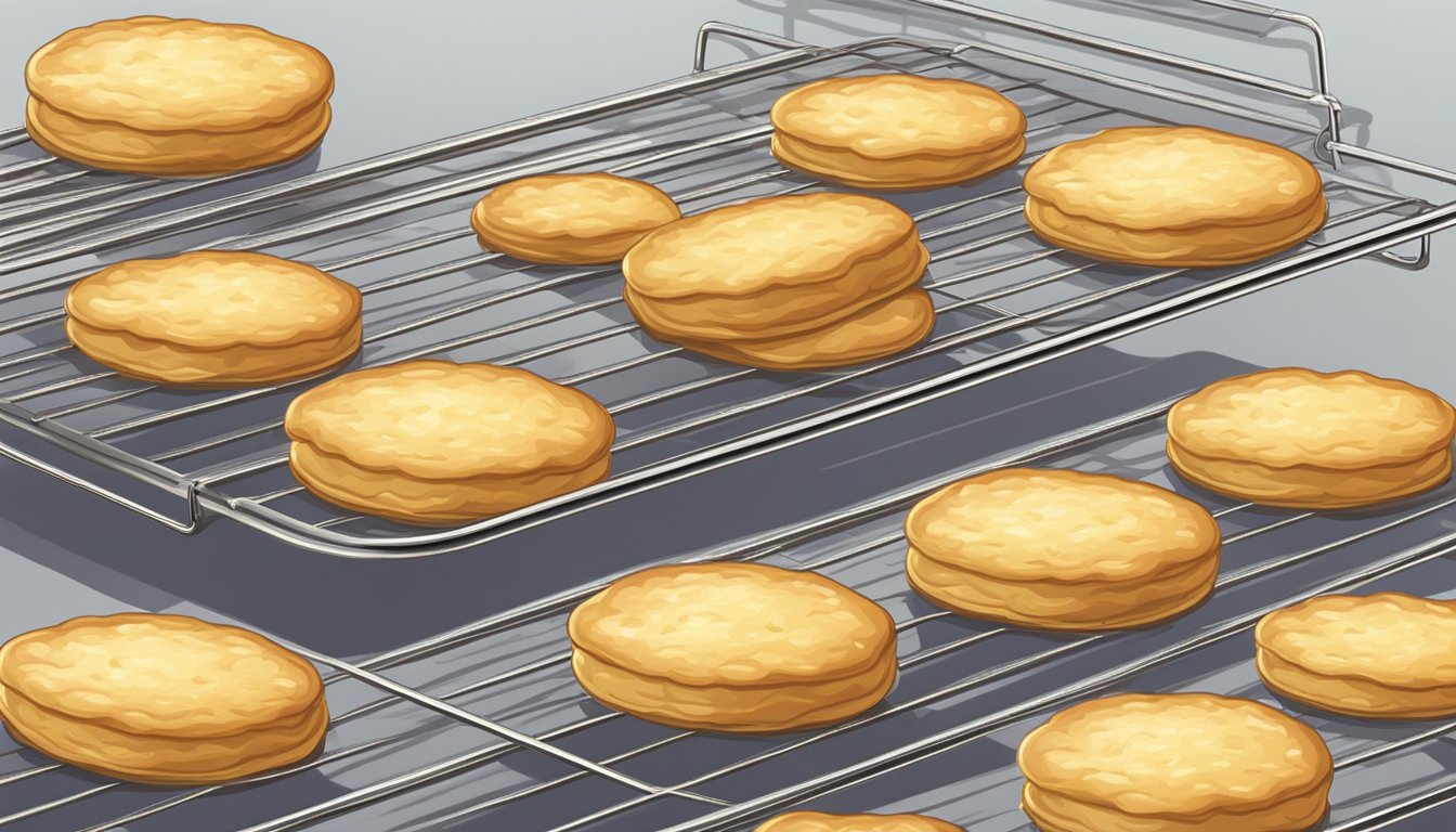 Freshly baked golden biscuits on a wire rack, steam rising. A plate with butter and jam on the side