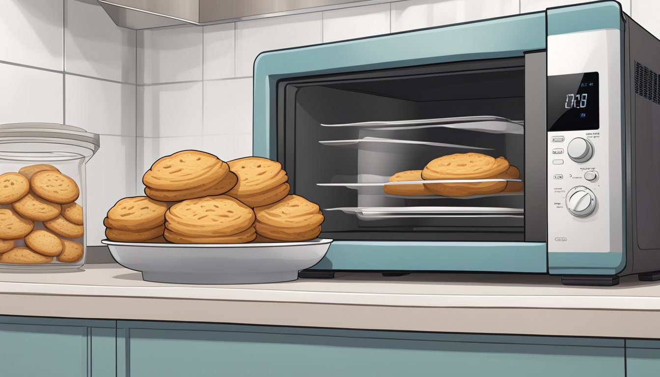 Freshly baked biscuits placed in an airtight container. A microwave and air fryer sit on the countertop nearby