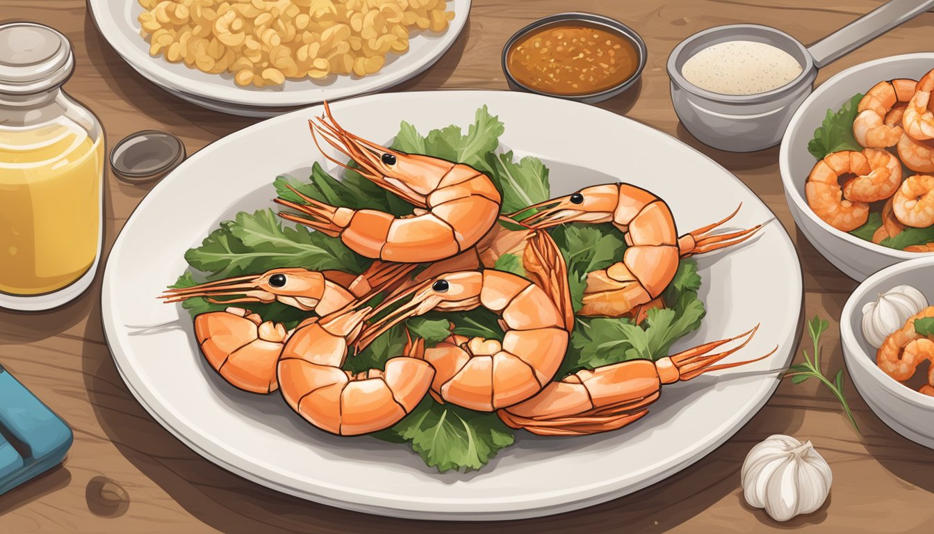 A plate of sizzling garlic shrimp surrounded by allergy information symbols and safety icons