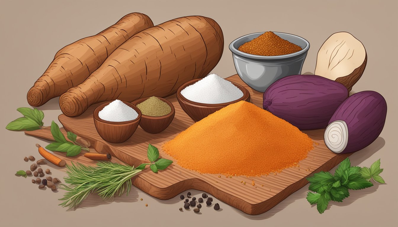 A pile of yams surrounded by various seasoning and flavoring ingredients, such as salt, pepper, cinnamon, and herbs, on a wooden cutting board