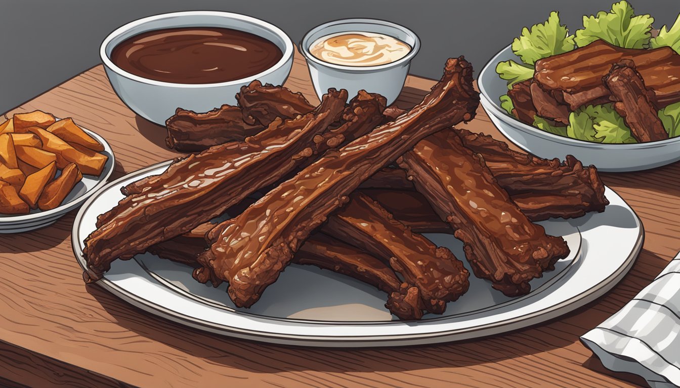 A plate of leftover ribs from an air fryer, with a side of barbecue sauce and a few napkins, sitting on a wooden table