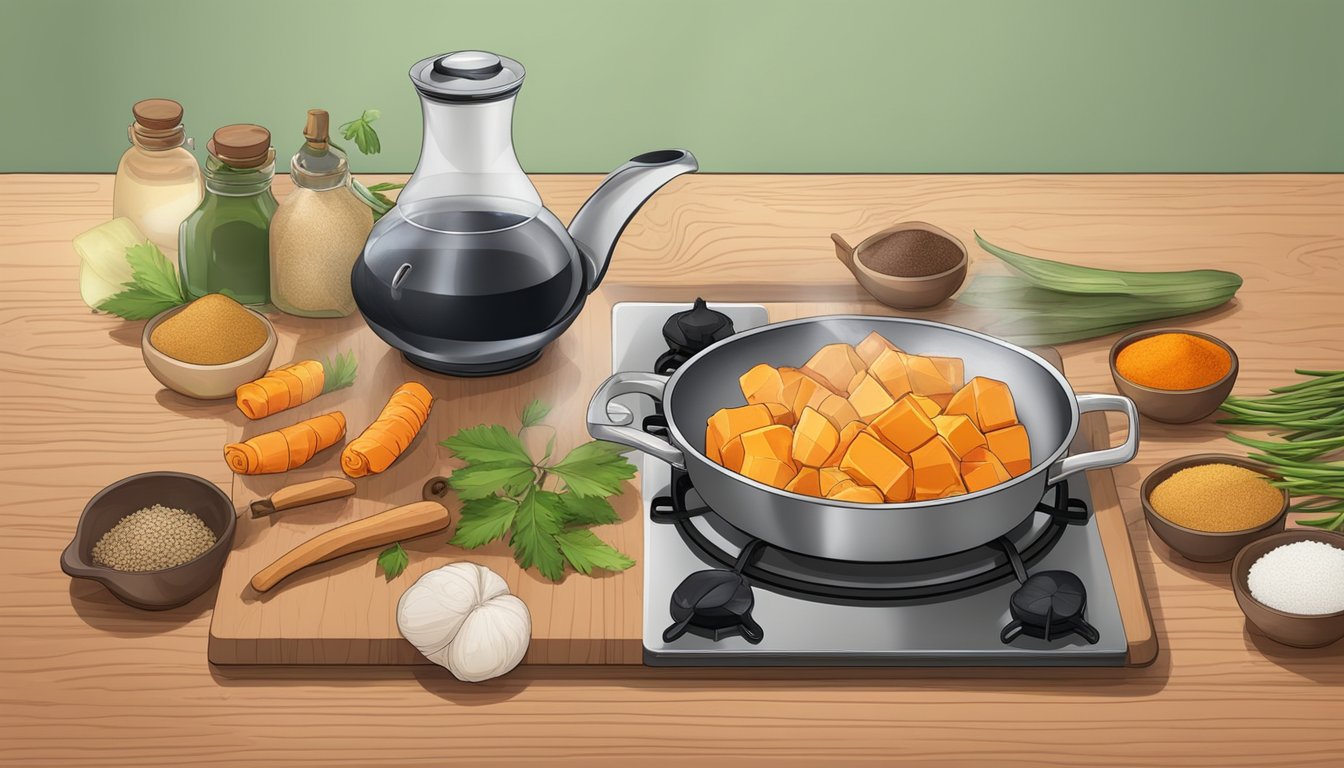 A cutting board with peeled yams, a knife, and various spices scattered around. A pot of boiling water on the stove