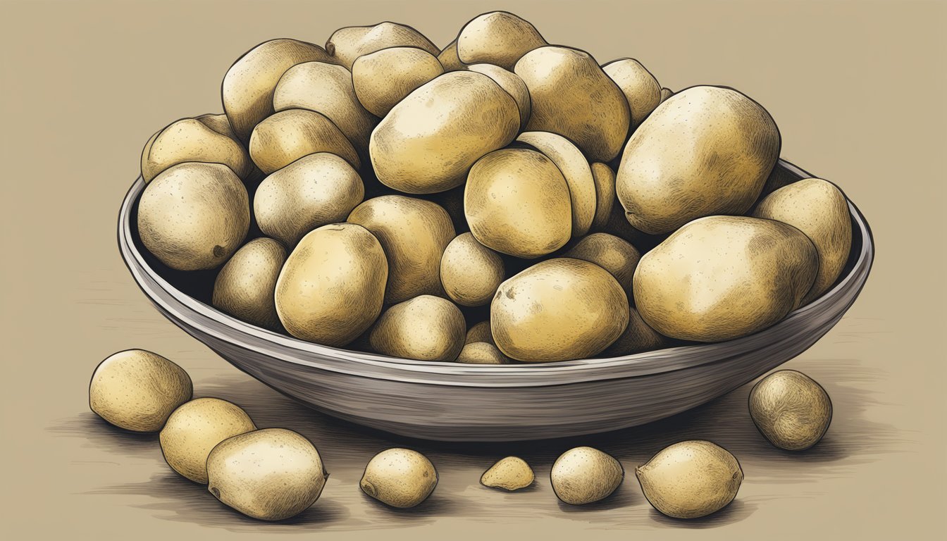 A hand reaching for a pile of Yukon Gold potatoes, examining their golden skin and smooth texture