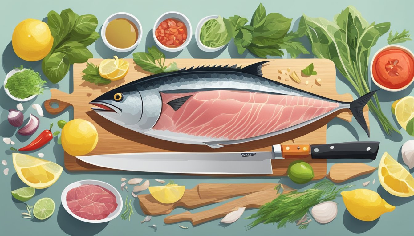 A chef's knife slicing through a fresh yellowfin tuna, surrounded by various ingredients and cooking utensils on a clean, organized kitchen counter