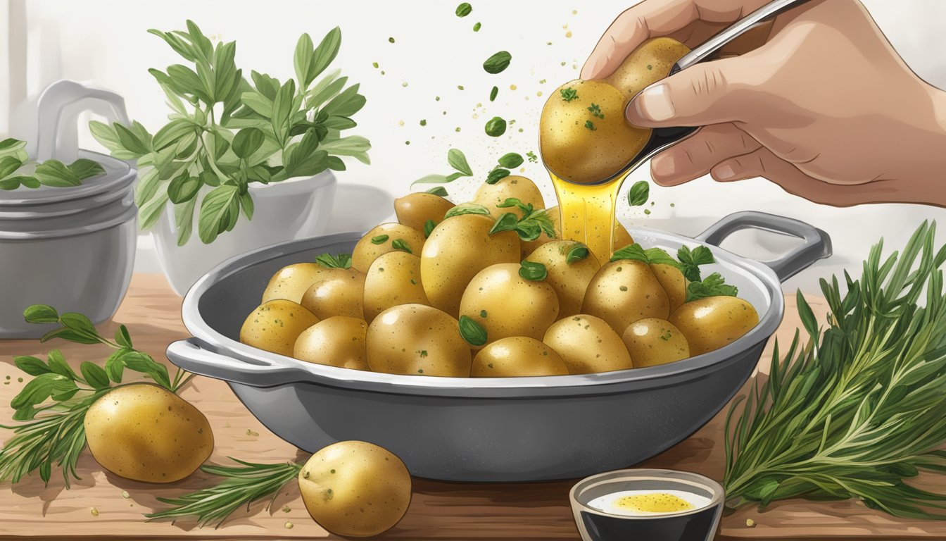 Yukon gold potatoes being drizzled with olive oil and sprinkled with herbs and spices