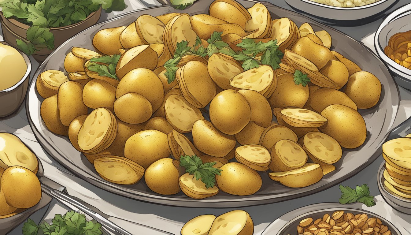 Golden potatoes being skillfully sliced and seasoned with a variety of flavorful toppings and accompaniments