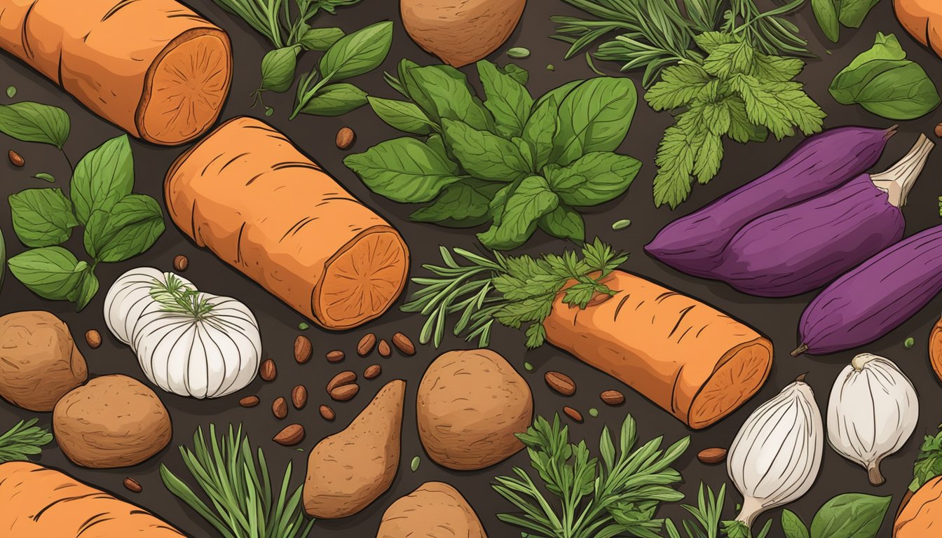 A colorful array of fresh herbs and spices surround a pile of sweet potatoes, ready to be chopped and seasoned for a delicious meal