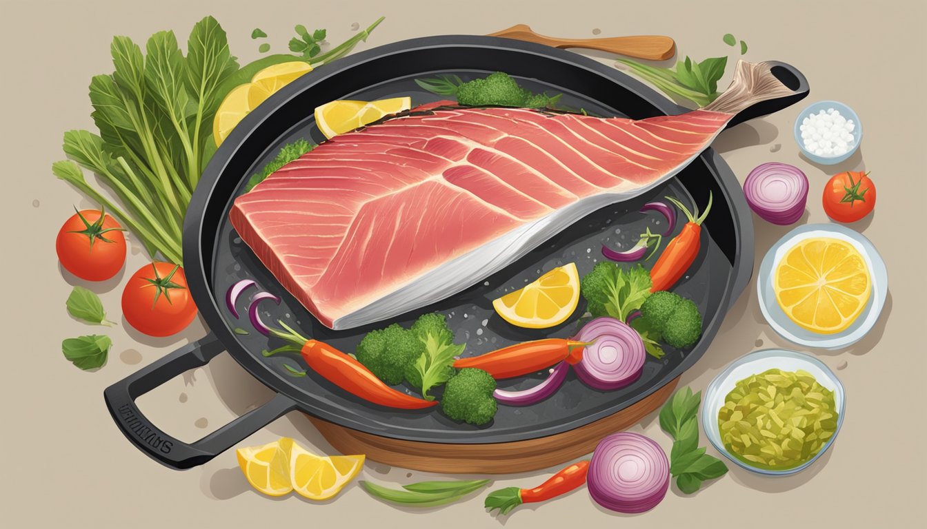 A chef expertly searing yellowfin tuna on a sizzling hot pan, surrounded by fresh ingredients and cooking utensils