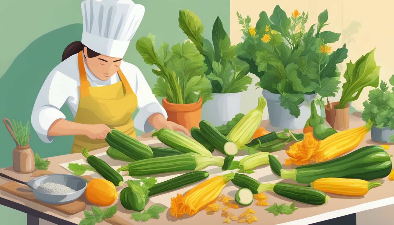 A chef delicately prepares zucchini flowers, surrounded by vibrant herbs and spices. A variety of fresh ingredients and cooking utensils are neatly arranged on the counter