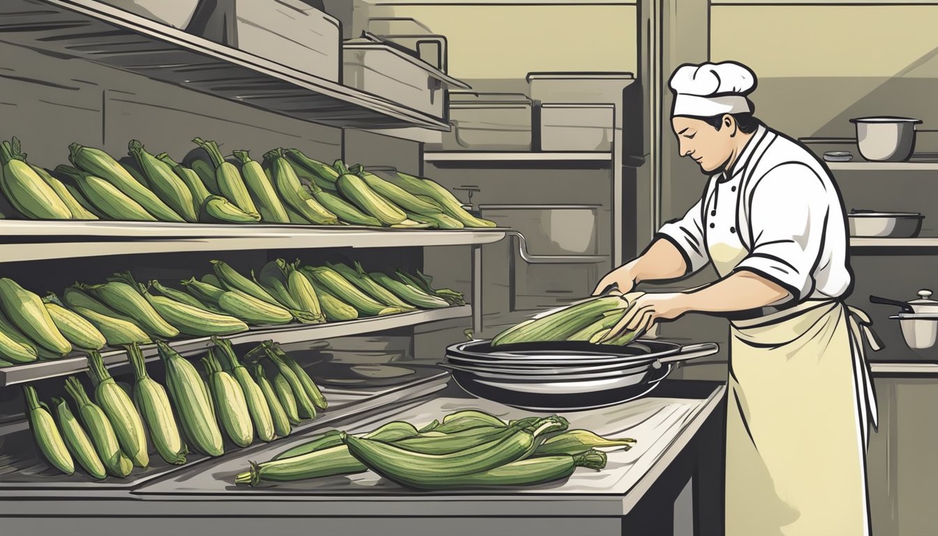 A chef carefully plucks zucchini flowers, then stores them in airtight containers. Later, they are gently reheated in a skillet with a drizzle of olive oil