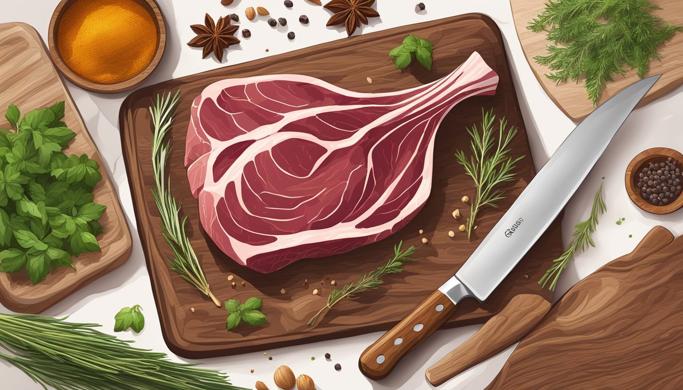 A cutting board with cooked venison, surrounded by herbs and spices, with a chef's knife nearby