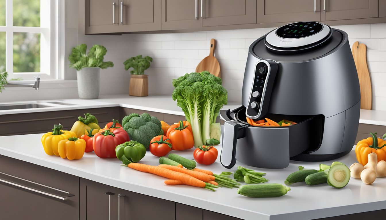 Fresh vegetables being placed into an open air fryer basket, with a variety of colorful produce surrounding the appliance on a clean kitchen counter