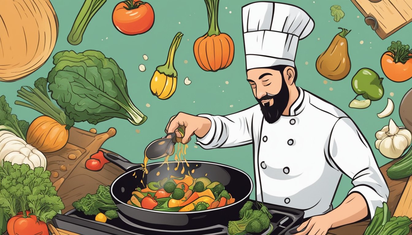 A chef pours sherry into a sizzling skillet of sautéing vegetables