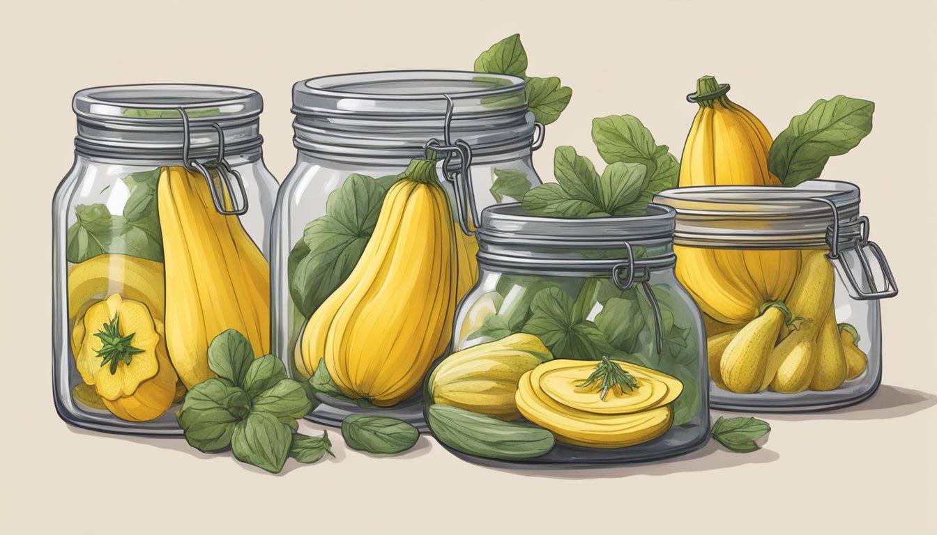 Yellow squash being harvested from the garden, washed, sliced, and then placed into glass jars with herbs and spices before being sealed for preservation