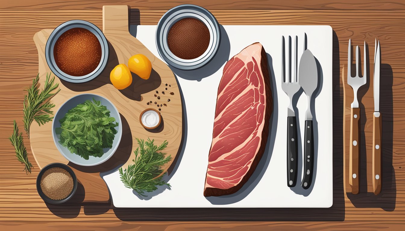 A kitchen counter with a cutting board, raw tri-tip steak, seasonings, and cooking utensils