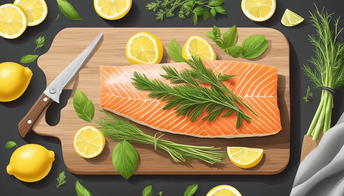 A cutting board with a fresh whole salmon, a chef's knife, lemon slices, and a bundle of fresh herbs