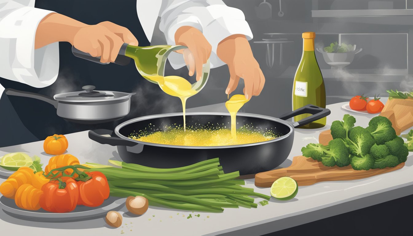 A chef pouring white wine into a sizzling pan of sautéing vegetables