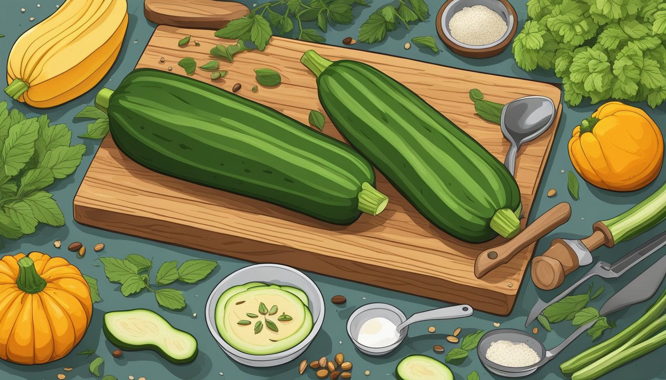 Fresh zucchinis and squash arranged on a wooden cutting board, surrounded by colorful herbs and spices, with a skillet and various cooking utensils nearby