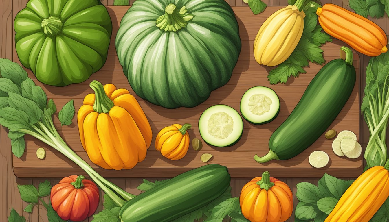 A colorful array of zucchinis and squash displayed on a wooden cutting board, surrounded by fresh herbs and spices