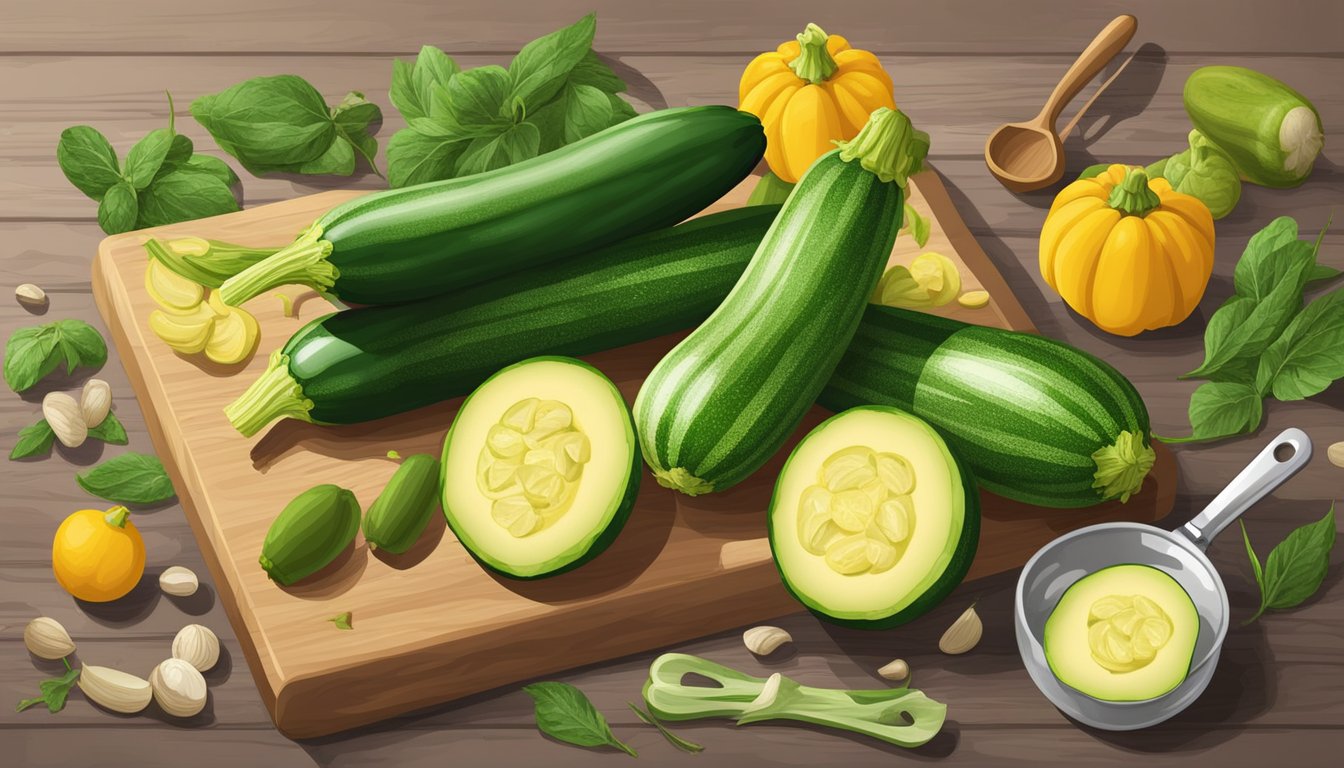 Fresh zucchini and squash arranged on a cutting board, surrounded by various kitchen utensils and ingredients