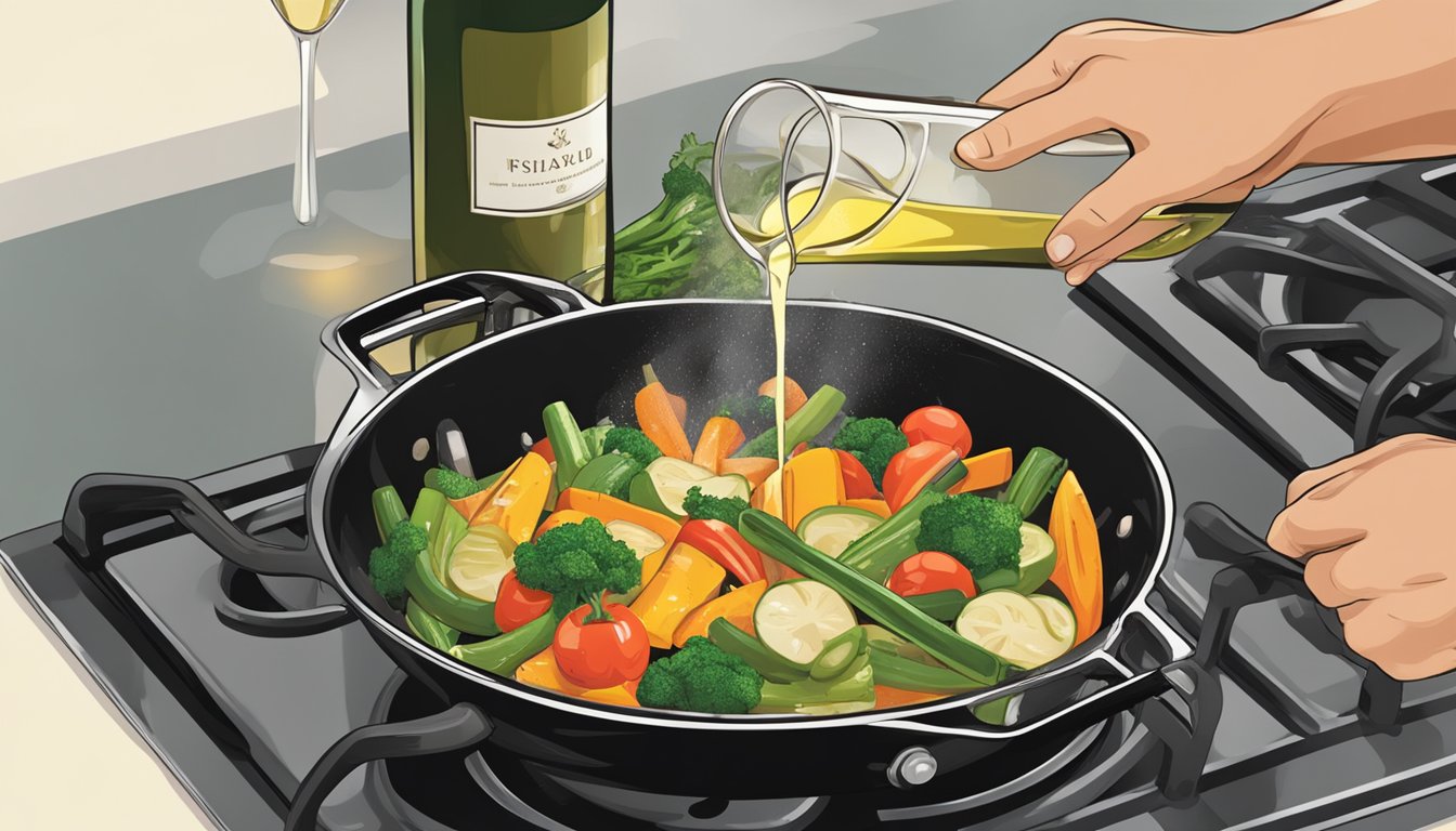 A chef's hand pours white wine into a sizzling pan of sautéed vegetables, adding the final touch to the dish