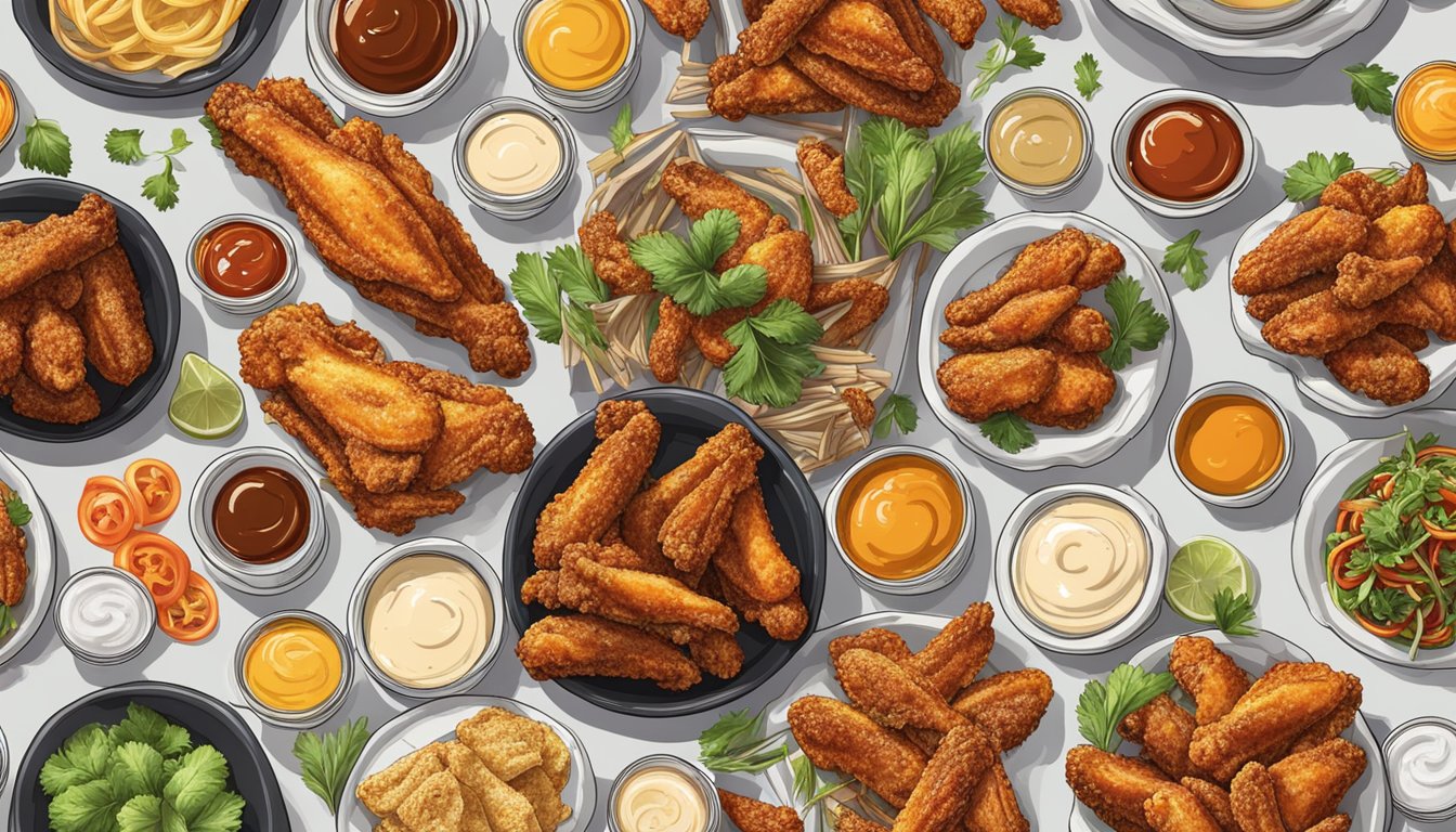 Crispy wings surrounded by various sauces and dressings