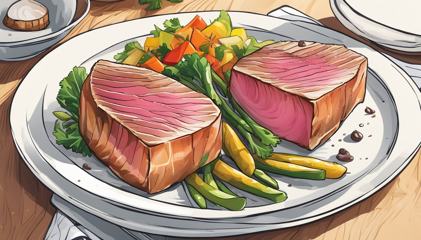 Two perfectly seared tuna steaks on a white plate, surrounded by vibrant and colorful vegetables