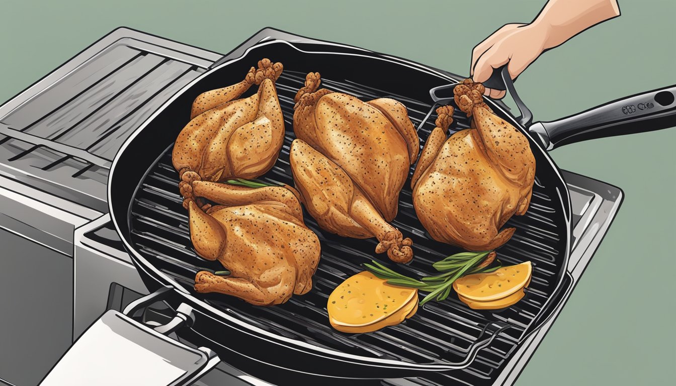 A chicken sizzling on a grill over medium heat, with a chef's spatula flipping it