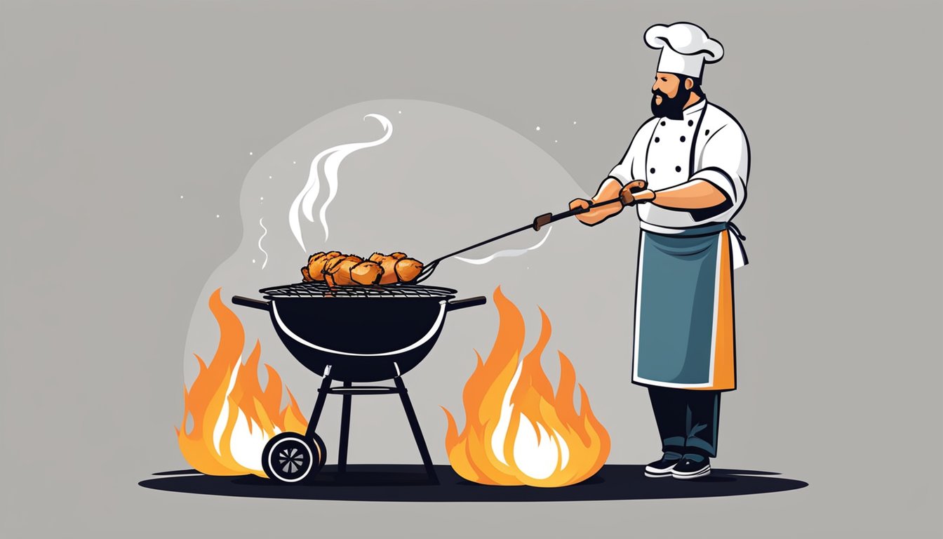 A chef grilling chicken over open flames on a barbecue