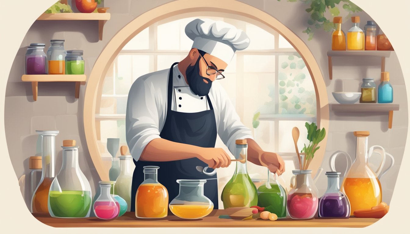 A chef experimenting with various types of vinegar in the kitchen, surrounded by colorful ingredients and cooking utensils