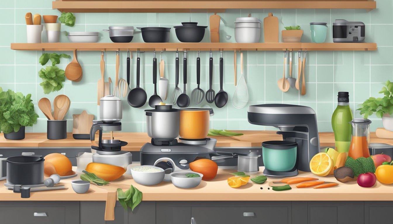 A kitchen set with a camera, tripod, cooking utensils, and ingredients arranged for filming