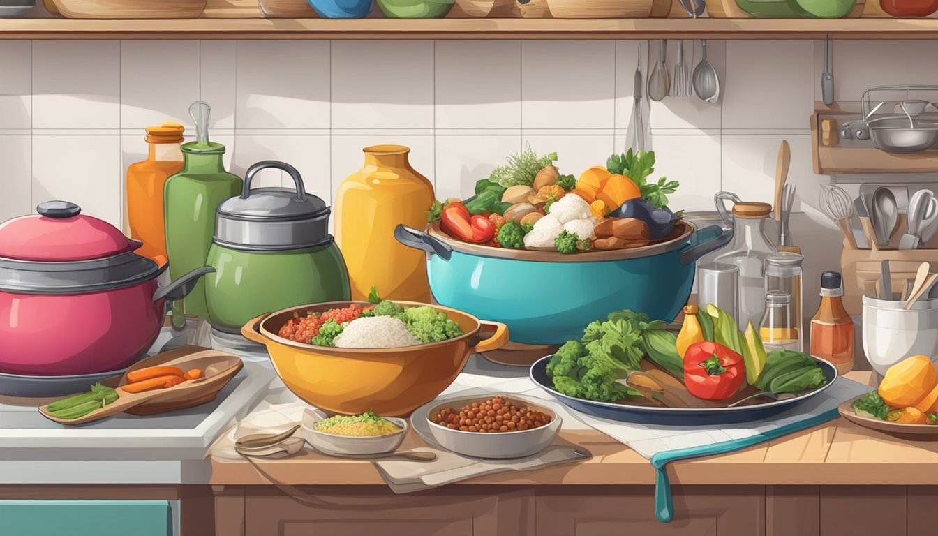 A colorful kitchen with various international ingredients, utensils, and cooking equipment. Multiple dishes from around the world on a counter