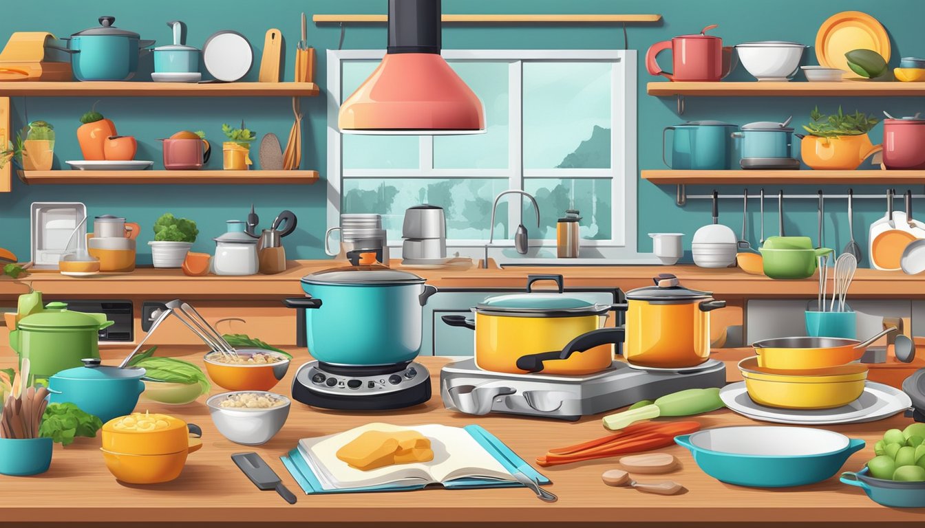 A colorful kitchen with various cooking utensils and ingredients, surrounded by cookbooks and a laptop playing cooking videos