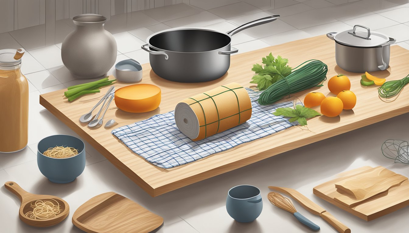 A kitchen counter with a roll of cooking twine, a cutting board, and various kitchen utensils scattered around