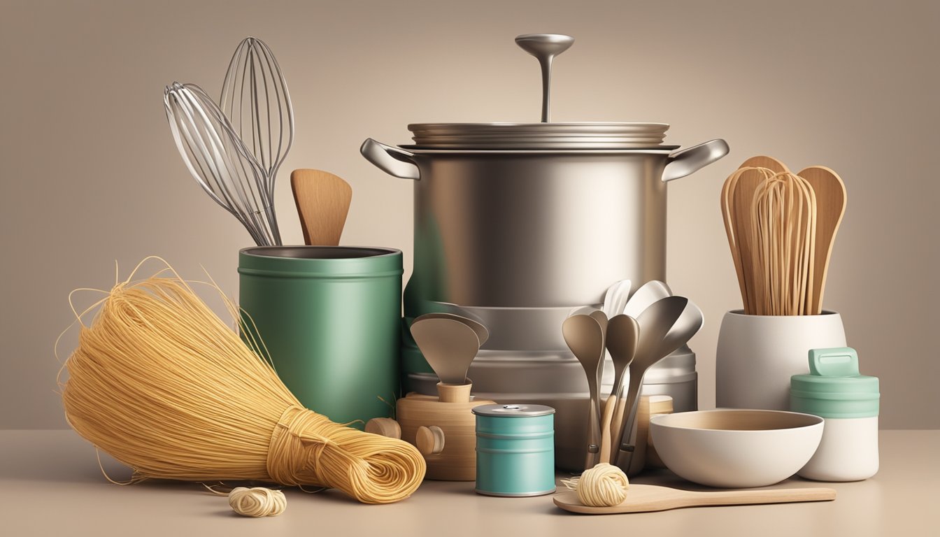 A spool of cooking twine surrounded by various kitchen utensils and ingredients, with soft natural lighting casting gentle shadows