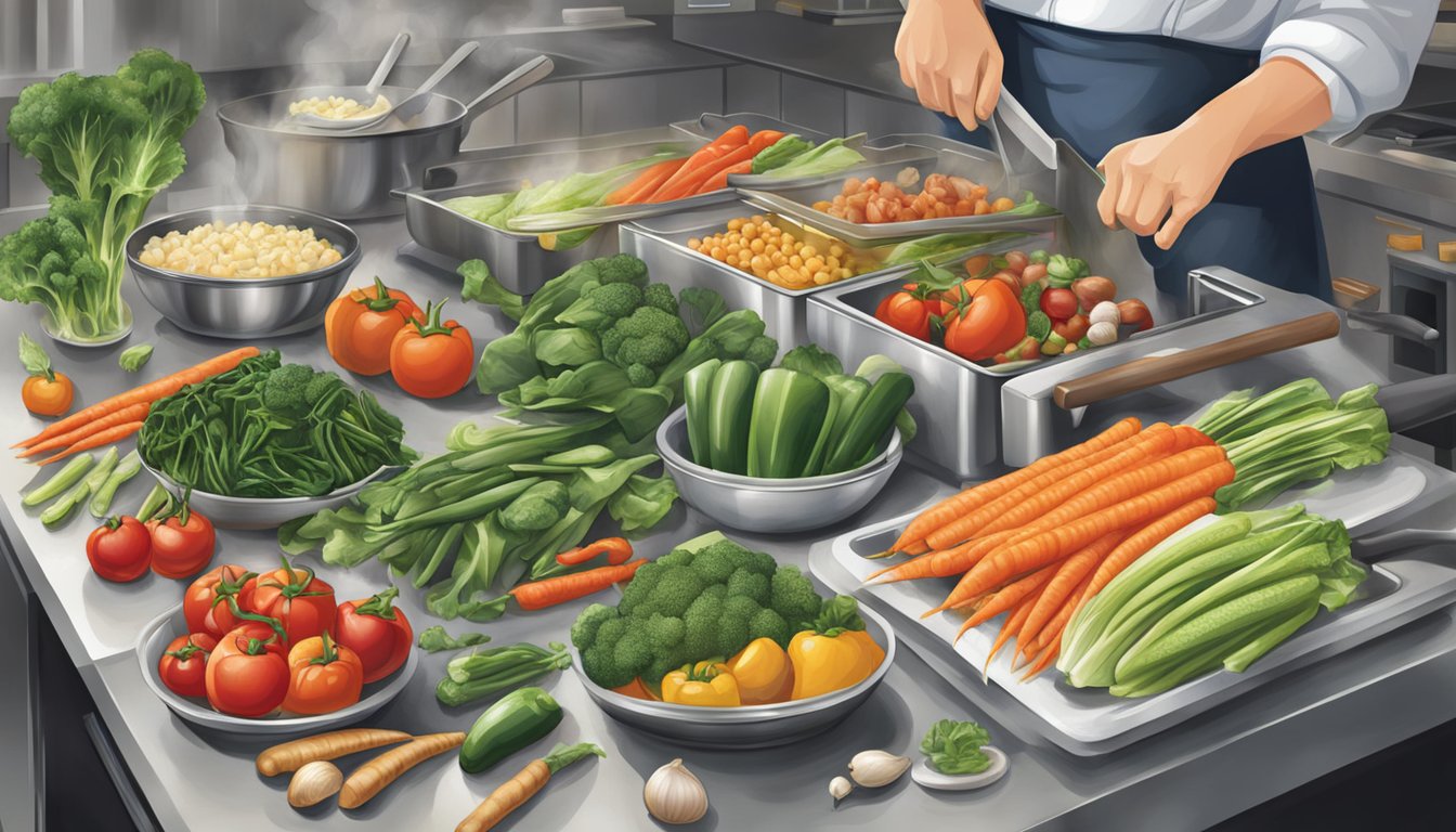 A variety of vegetables being chopped, sautéed, steamed, and grilled in a bustling kitchen