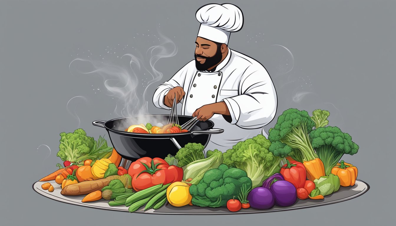 A chef confidently sautés an array of colorful vegetables in a sizzling pan, steam rising as they skillfully wield a spatula