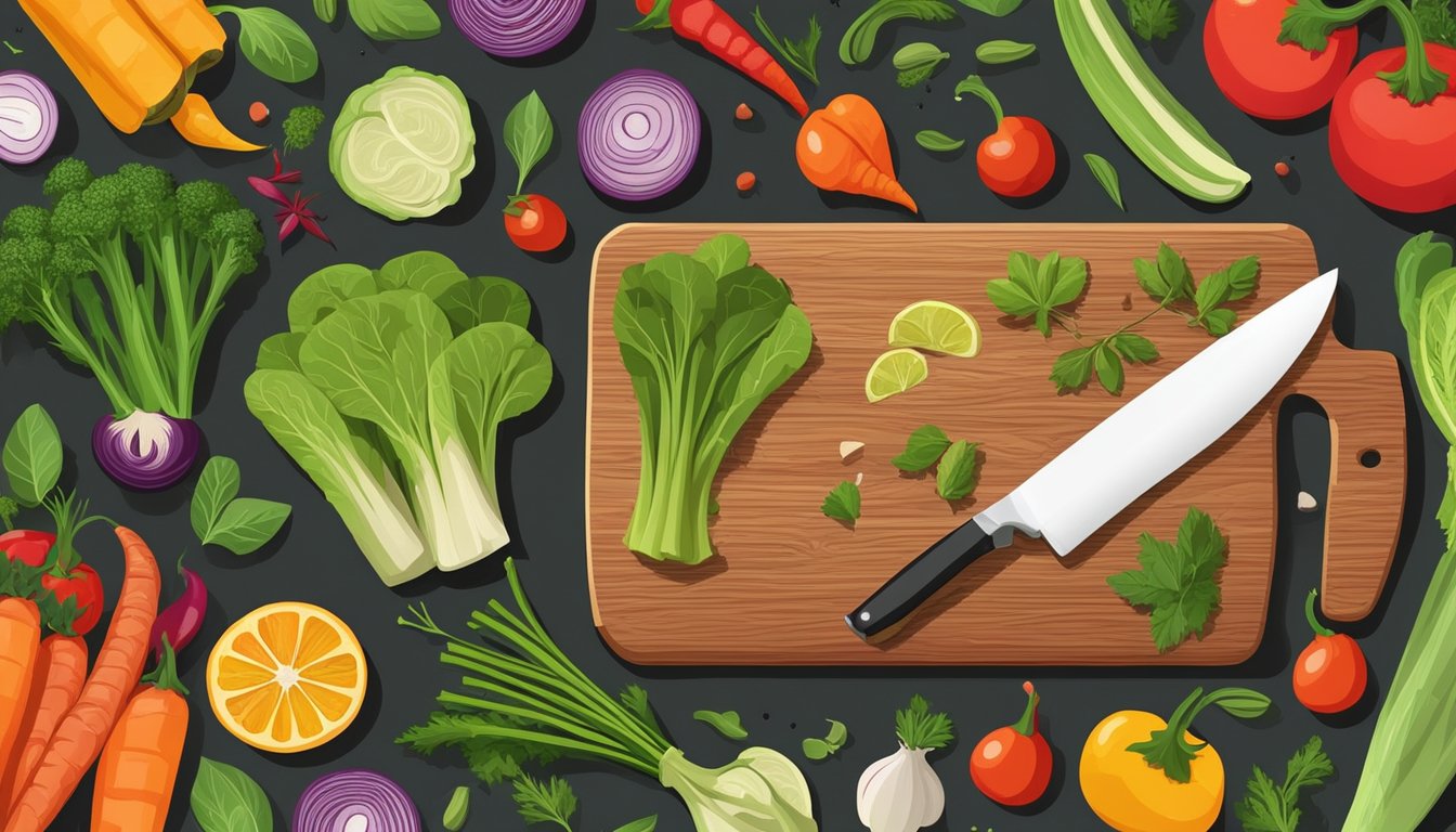 Fresh vegetables arranged on a wooden cutting board, surrounded by colorful spices and herbs, with a chef's knife nearby