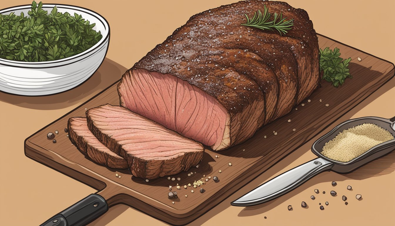 A tri-tip roast sits on a cutting board, being seasoned with a blend of salt, pepper, and herbs before being placed in the oven