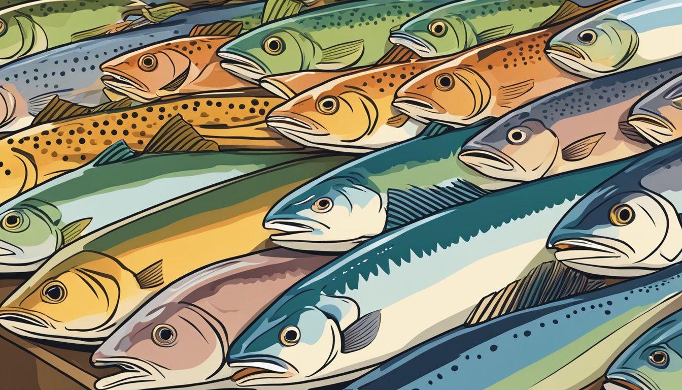 A person selects a fresh trout from a display of various fish at a market