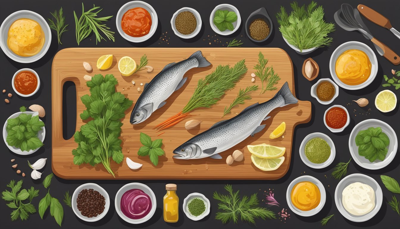 A chef prepares a variety of marinades and sauces for trout, surrounded by fresh herbs, spices, and condiments on a wooden cutting board