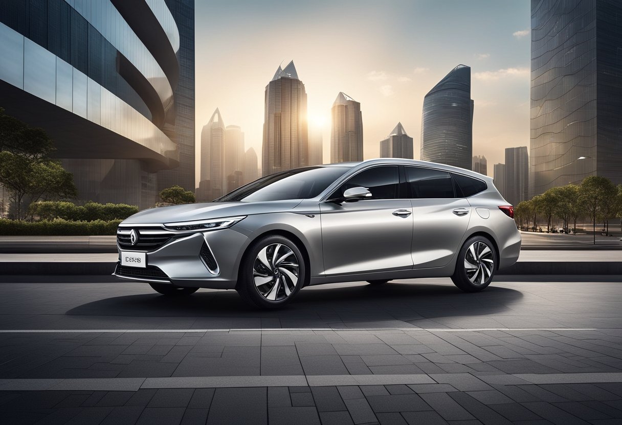 Un'illustrazione dettagliata dell'auto Dongfeng Aeolus, circondata dallo skyline urbano di Dongfeng, con un focus sul suo design elegante e sulle sue caratteristiche moderne.
