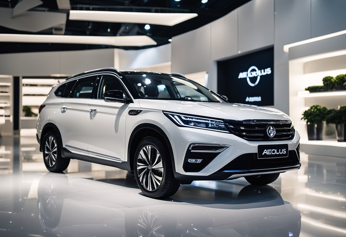 La gamma di modelli Aeolus Dongfeng esposta in un ambiente showroom elegante e moderno, con illuminazione brillante e linee pulite.