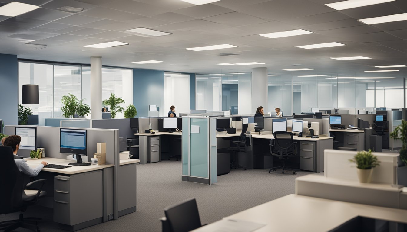 A busy office with employees at desks, talking on phones and typing on computers. Shelves of files and paperwork line the walls, with a sign reading "Specialized Loan Servicing" hanging above the entrance