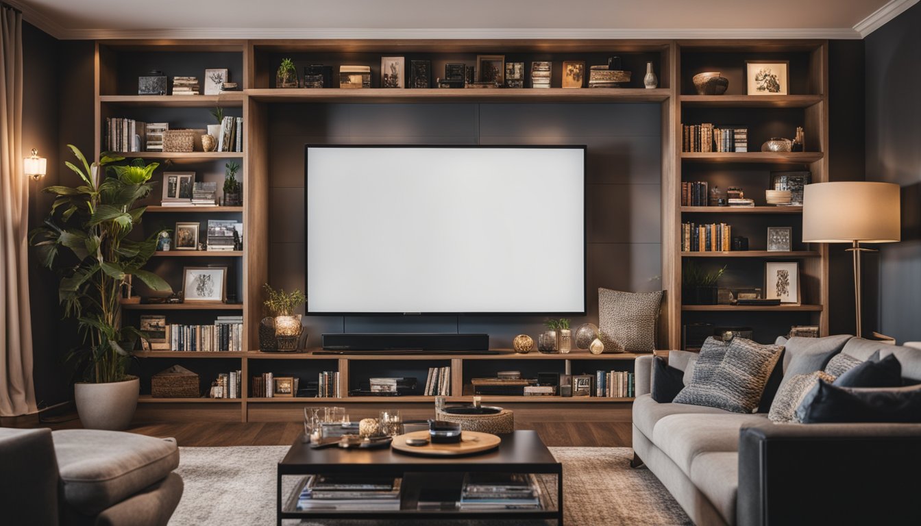 A cozy living room with a large TV screen, surrounded by shelves of movie collections and comfortable seating for movie enthusiasts