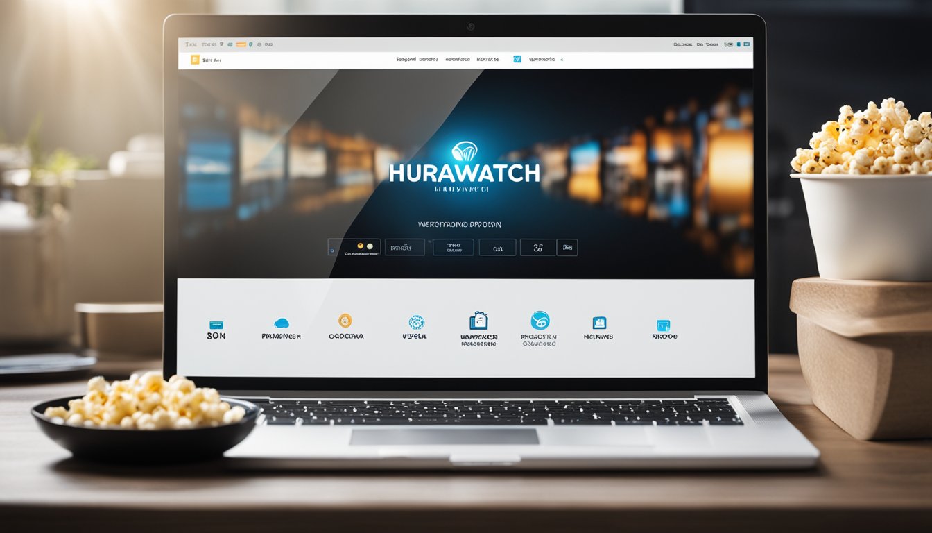 A laptop with hurawatch logo on screen, surrounded by various streaming devices and a bowl of popcorn