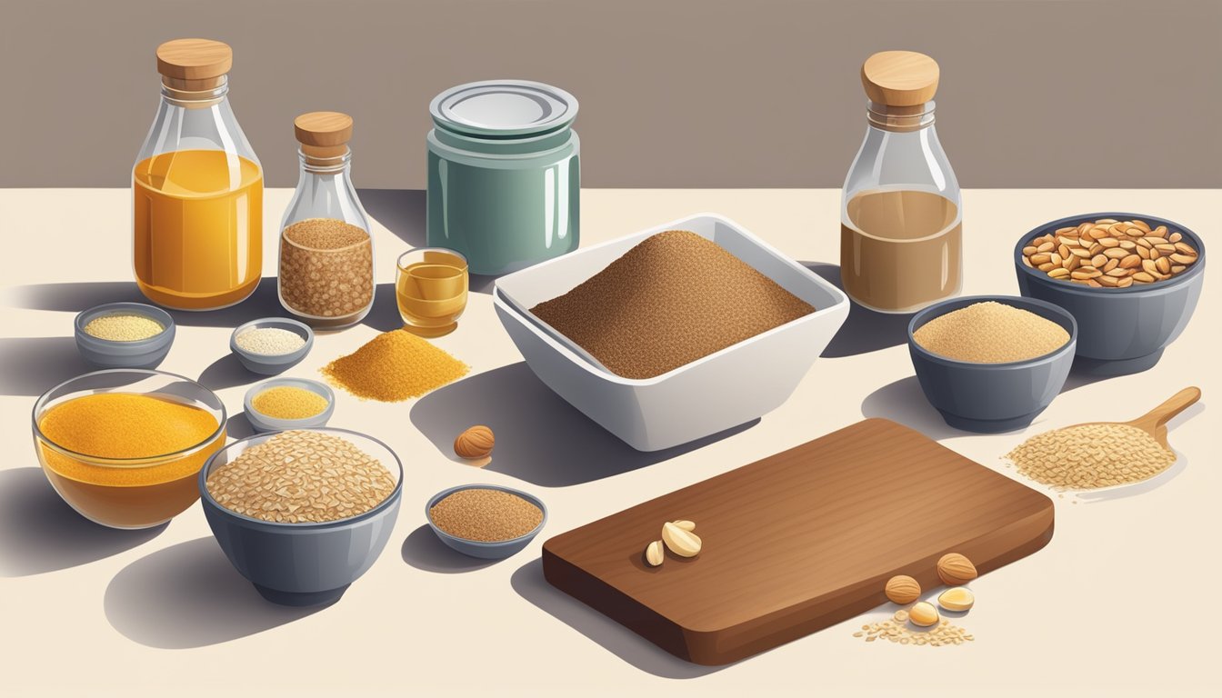 A kitchen counter with a variety of ingredients including hazelnut flour, oats, honey, and nuts, along with a cutting board and mixing bowls