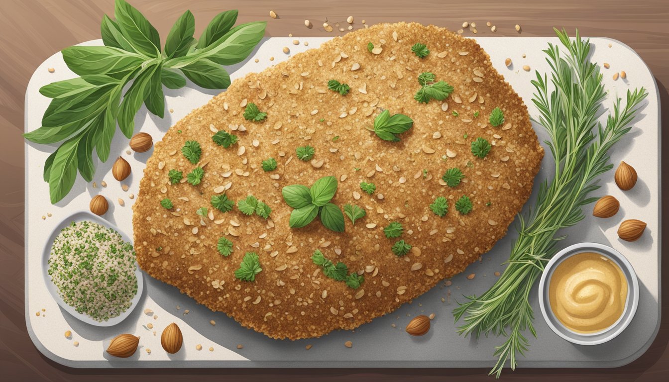 A golden hazelnut-crusted chicken breast surrounded by fresh herbs and a sprinkle of hazelnut flour on a clean cutting board