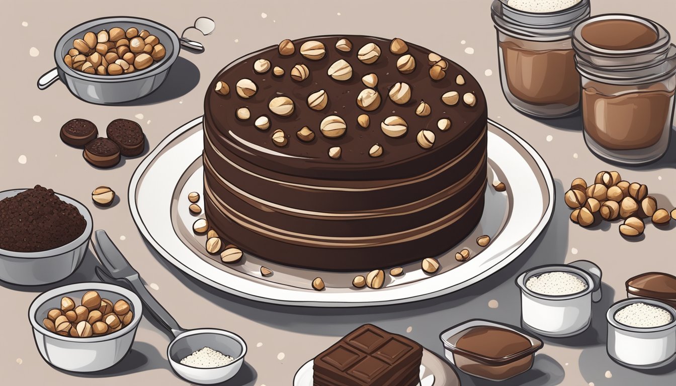 A chocolate cake surrounded by hazelnuts, flour, and meal prep containers