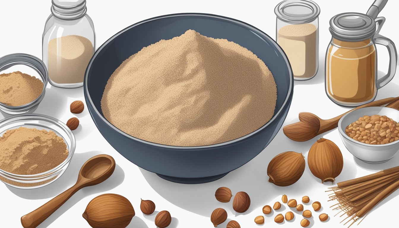 A bowl of hazelnut flour surrounded by various ingredients and kitchen utensils, with a cookbook open to a page of meal prep recipes